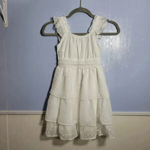Byinns Size 120 White Square Neck Ruffle Sleeve Swiss Dot Pleated A Line Dress
